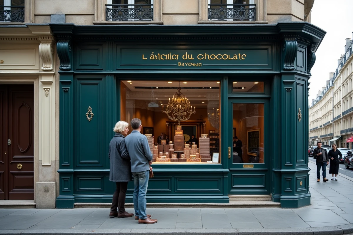 Façade de la boutique L'Atelier du Chocolat de Bayonne à Paris avec devanture en boiserie sombre et vitrine de produits chocolatiers