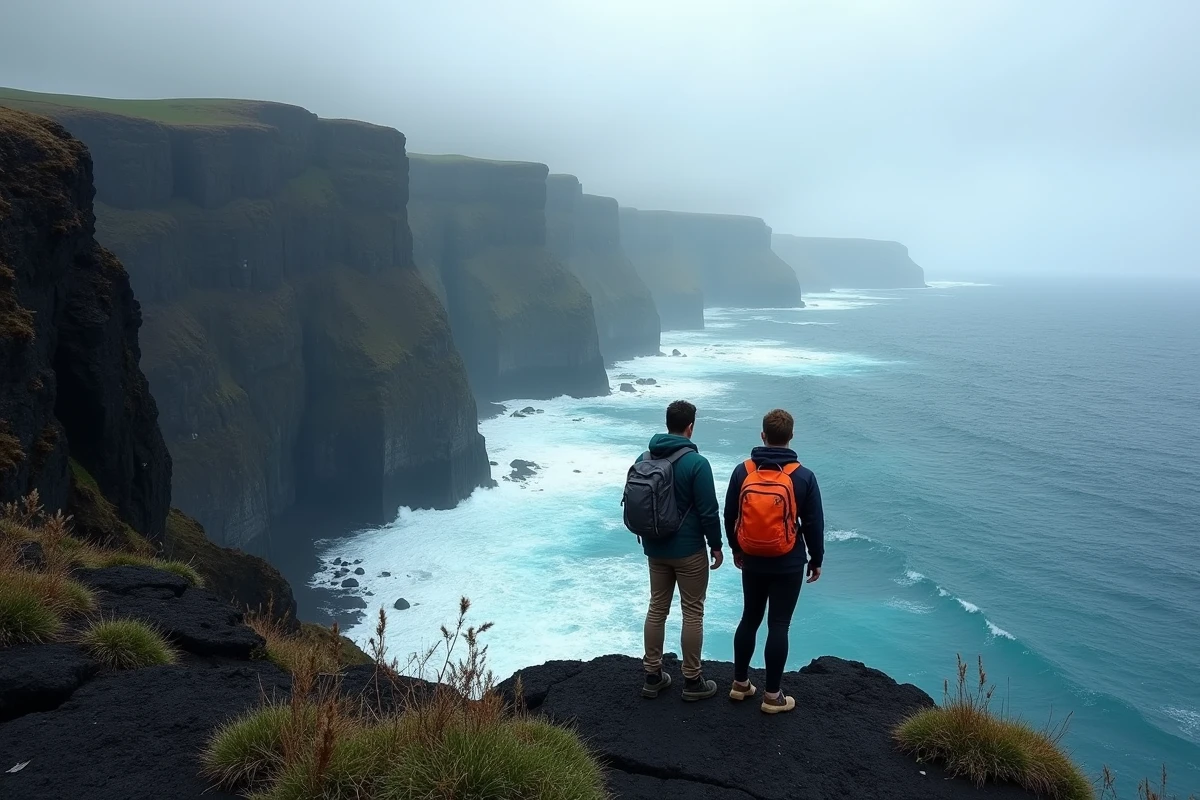 Couple sur les falaises de lave de La Réunion face à l'océan Atlantique en hiver, paysage volcanique spectaculaire