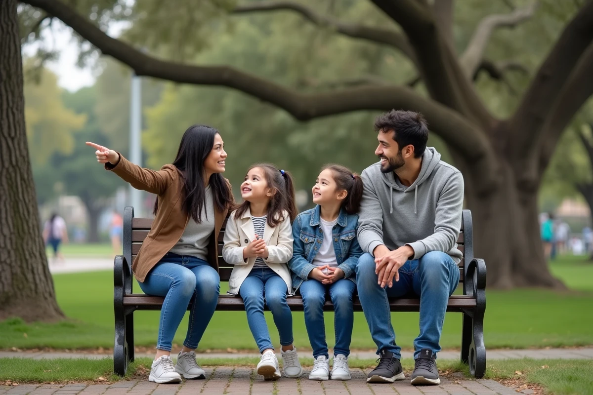 Famille biraciale avec parents d'origines est-asiatique et latino-américaine assis dans un parc urbain avec leurs enfants