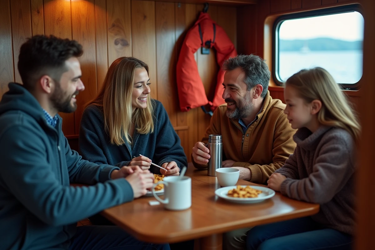 Famille mangeant des crackers et du thé au gingembre dans une cabine de bateau pour prévenir le mal de mer