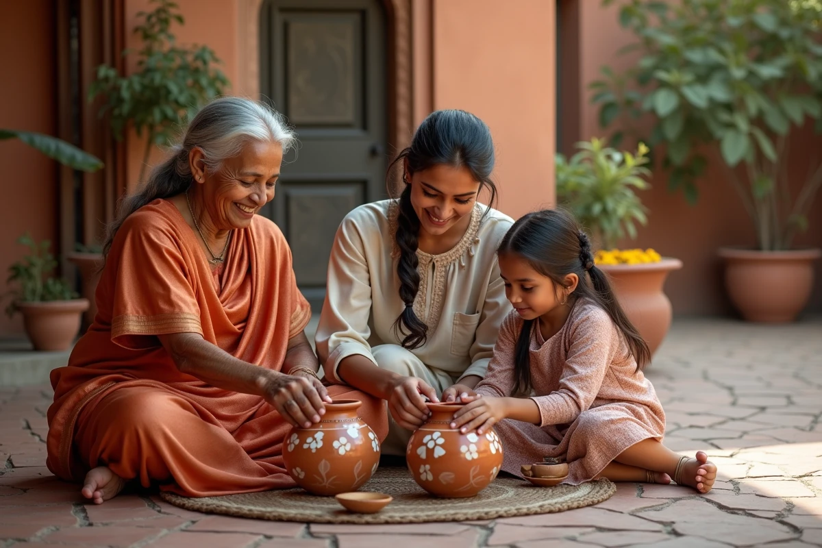 Trois générations d'une famille indienne décorant ensemble des poteries en argile dans une cour traditionnelle, symbolisant la transmission des traditions et des savoir-faire culturels familiaux