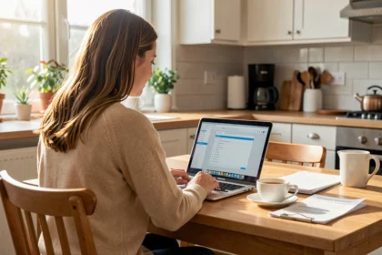 Femme à sa table de cuisine devant un ordinateur et des papiers administratifs