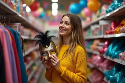 Femme souriante choisissant des accessoires de fête dans un magasin de farces et attrapes coloré
