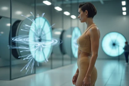 Femme athlétique en combinaison aérodynamique dans un tunnel de vent moderne étudiant les flux d'air autour de son corps