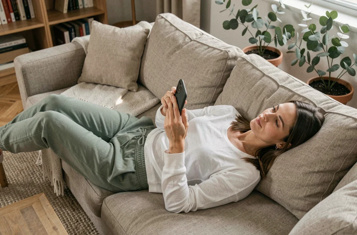 Femme allongée sur un canapé consultant son téléphone avec espoir, attendant un message de son amoureux lors de l'heure miroir 20h20