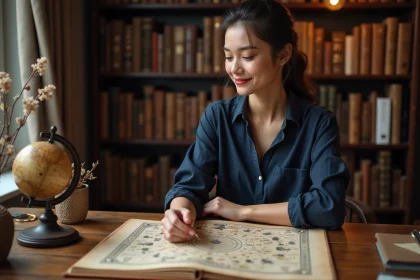 Femme consultant un livre d'astrologie et une carte du zodiaque posés sur un bureau en bois, illustrant le signe astrologique du 4 juillet
