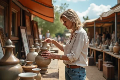 Femme examinant un vase ancien lors d'une brocante en plein air en Lot-et-Garonne