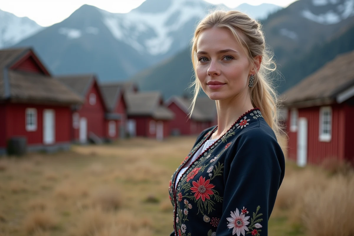 Femme en bunad, costume traditionnel norvégien brodé, devant des maisons en bois rouge typiques de Norvège