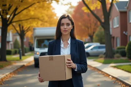 Femme professionnelle tenant un carton devant un camion de déménagement dans une rue résidentielle en automne, symbolisant une transition professionnelle vers une nouvelle ville