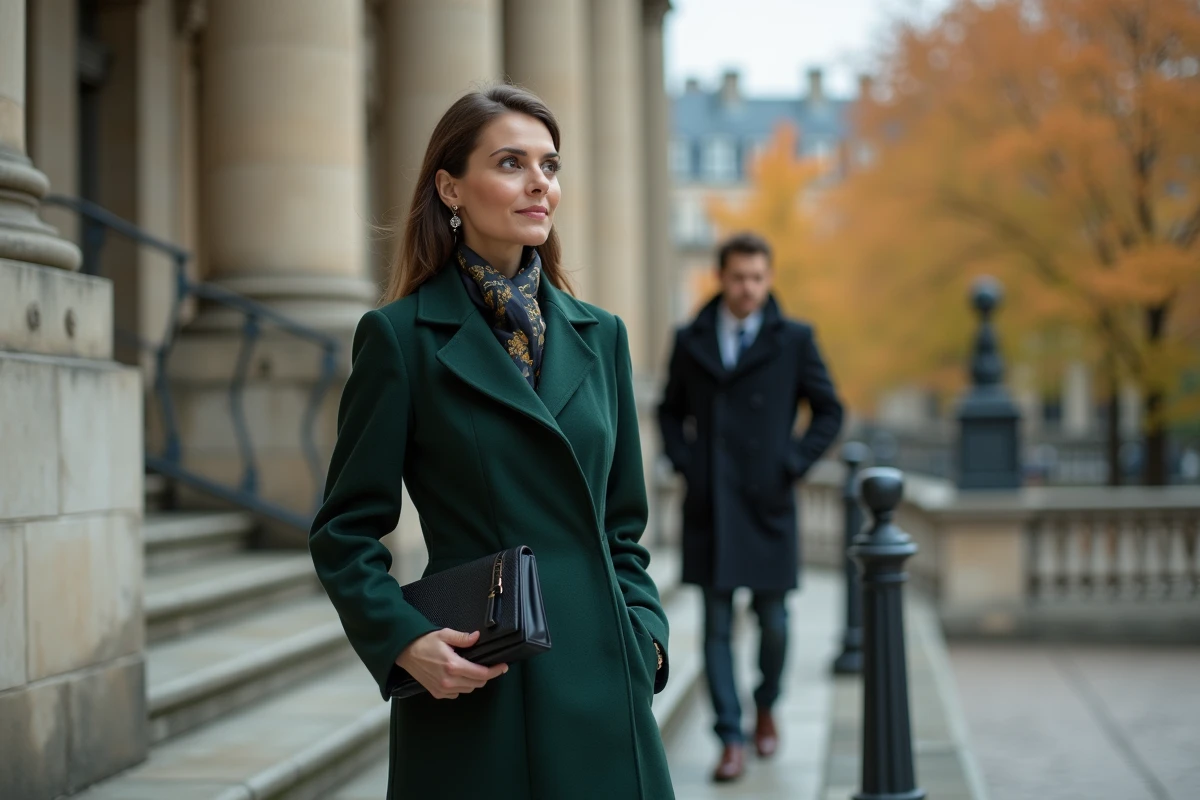 Femme élégante liée au monde du cinéma et de la télévision photographiée devant un bâtiment parisien emblématique