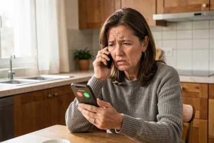 Femme excédée recevant un appel téléphonique indésirable de démarchage commercial sur son smartphone dans sa cuisine