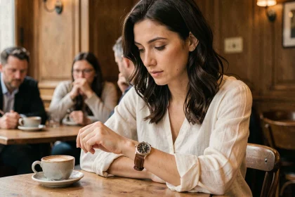 Femme contemplant une montre analogique affichant 14h14 dans un café parisien, symbolisant la signification des heures miroirs