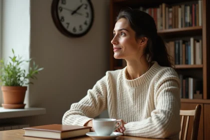 Femme pensive regardant une horloge indiquant 14h41, assise dans un bureau cosy avec un journal et une tasse de thé, symbolisant la recherche de sens dans les signes numériques