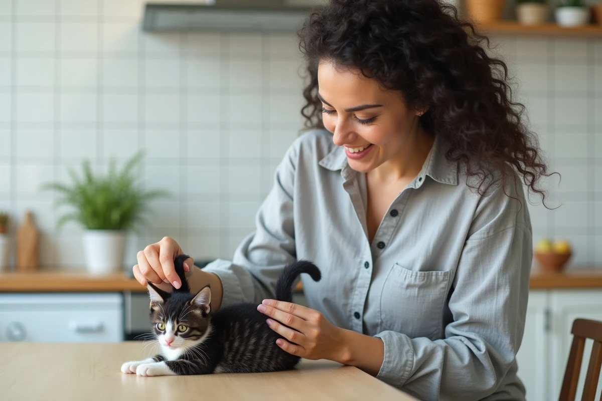 Femme examinant le sexe de son chaton noir et blanc à la maison avec douceur et attention