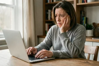 Femme inquiète regardant son ordinateur portable après avoir découvert une arnaque sur Le Bon Coin