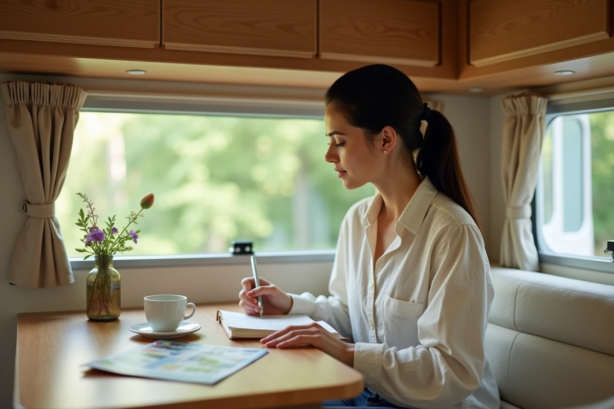 Femme écrivant dans son journal de voyage à la table intérieure d'un camping-car