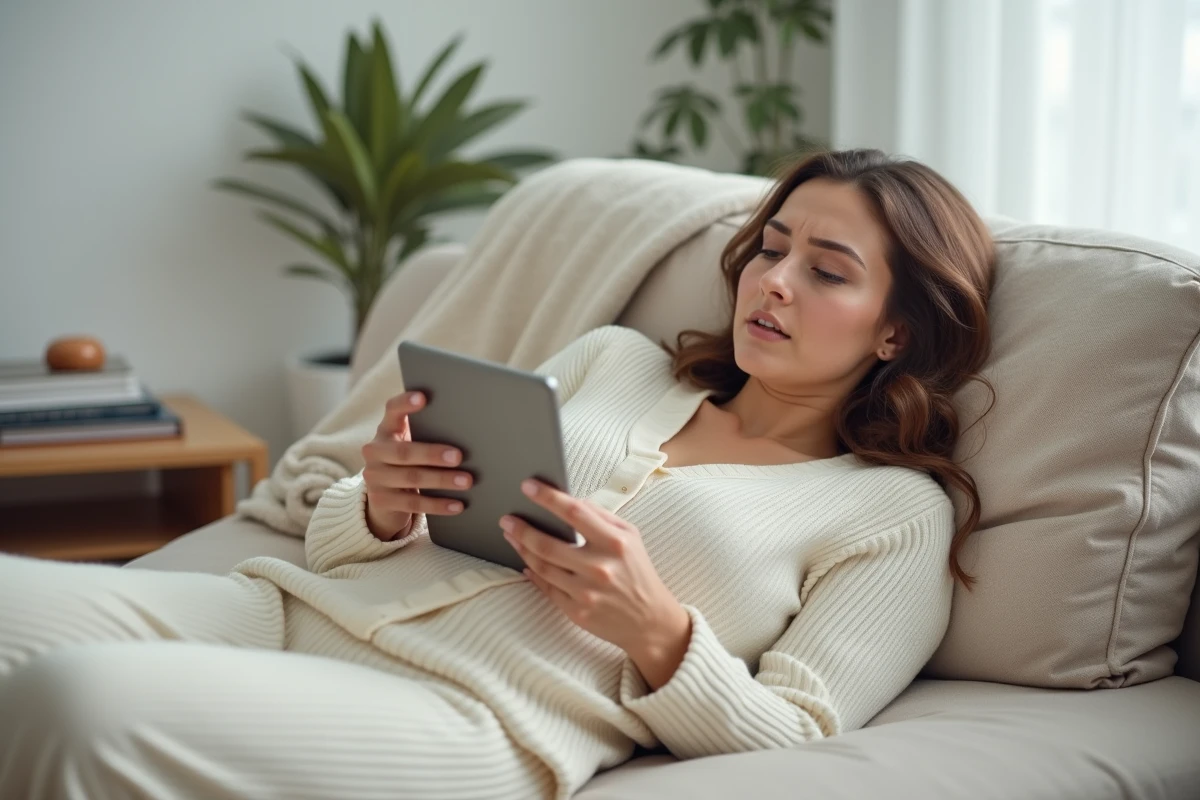 Femme lisant des informations sur une tablette chez elle, captivée par la vie privée d'une célébrité sur les réseaux sociaux