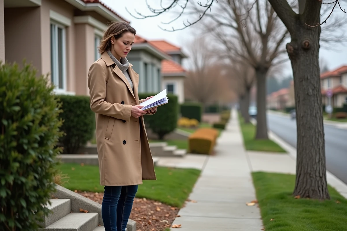 Femme tenant des documents devant une maison familiale, illustrant les conséquences réelles d'une hypothèque immobilière