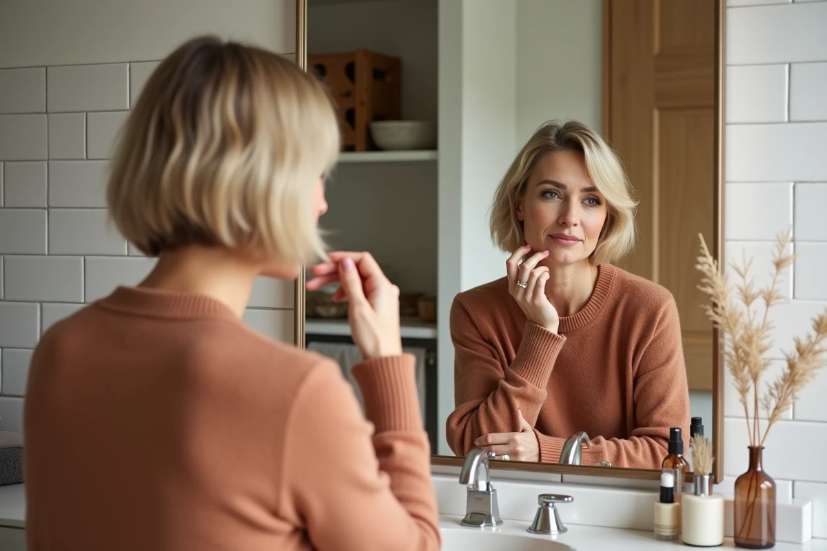 Femme dans la quarantaine appliquant du maquillage à sa coiffeuse après un changement de coupe de cheveux