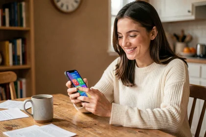 Jeune femme jouant à Monopoly GO sur smartphone à une table en bois avec des dés virtuels visibles à l'écran