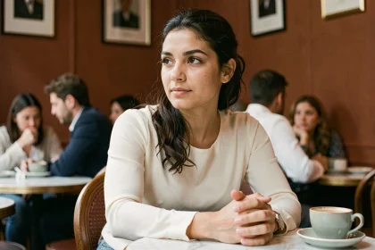 Jeune femme d'apparence méditerranéenne pensive dans un café parisien, illustrant le débat sur l'identité culturelle et les origines