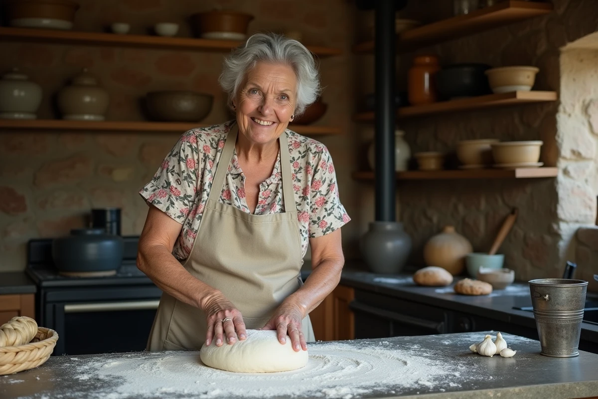 Femme française d'âge moyen pétrissant du pain dans une cuisine de ferme rustique, illustrant les traditions culinaires transmises et le savoir-faire artisanal ancestral