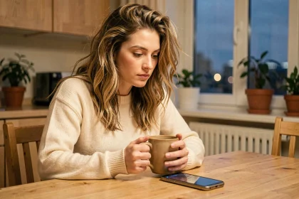 Femme pensive regardant son téléphone retourné sur une table en bois, songeant à son partenaire lors d'une soirée intimiste à 20h20
