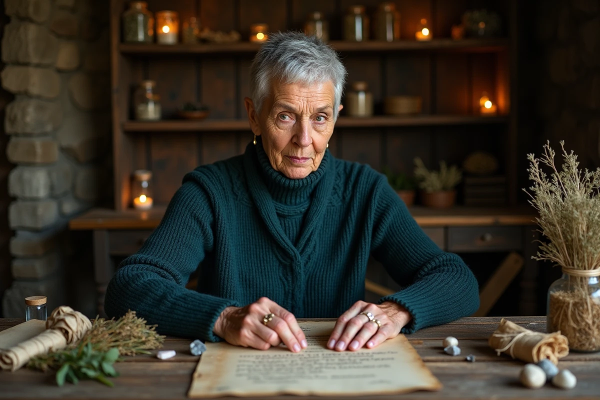 Femme âgée arrangeant des plantes médicinales et des cristaux dans un cottage en pierre, évoquant les pratiques et savoirs chamaniques ancestraux