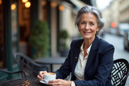 Femme élégante d'une soixantaine d'années attablée en terrasse parisienne, évoquant une personnalité politique française dans un contexte intimiste