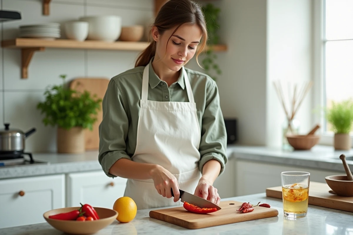 Femme préparant des piments rouges frais dans une cuisine moderne avec eau détox au citron, concept de nettoyage naturel du foie
