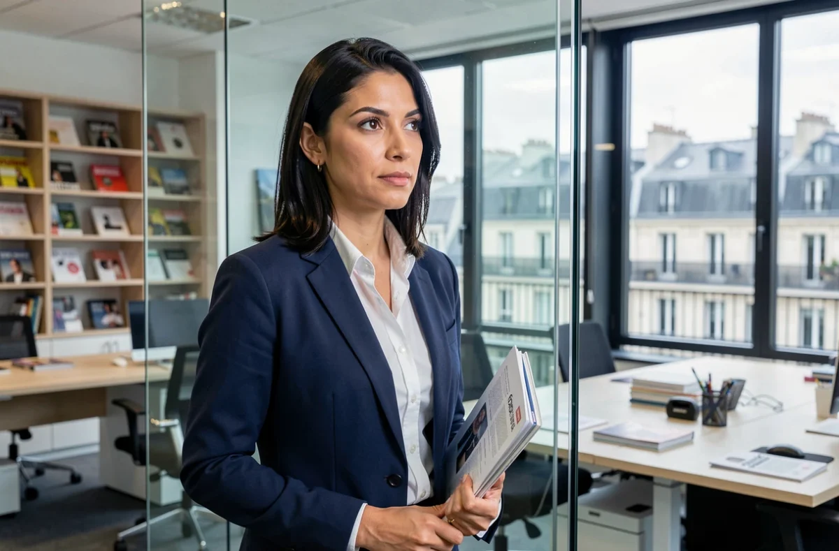 Femme professionnelle aux traits méditerranéens dans un bureau de médias parisien, évoquant les questions d'identité et de représentation culturelle