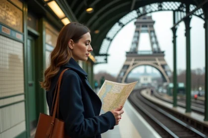 Femme consultant un plan du métro sur le quai aérien de la ligne 6 à Paris avec la Tour Eiffel en arrière-plan
