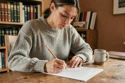 Femme concentrée résolvant un jeu de mot secret avec un crayon sur une feuille de grille posée sur un bureau en bois