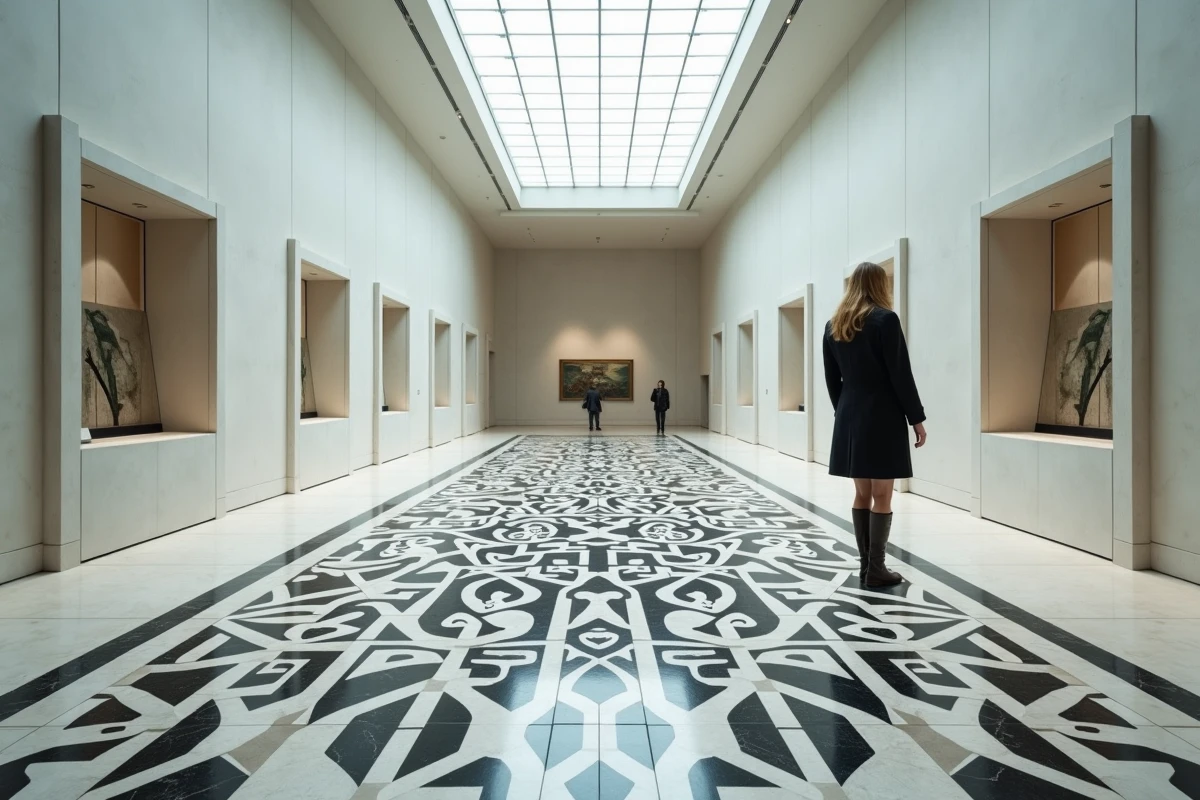Femme admirant un sol en tessellation noir et blanc style Escher dans un couloir de musée contemporain