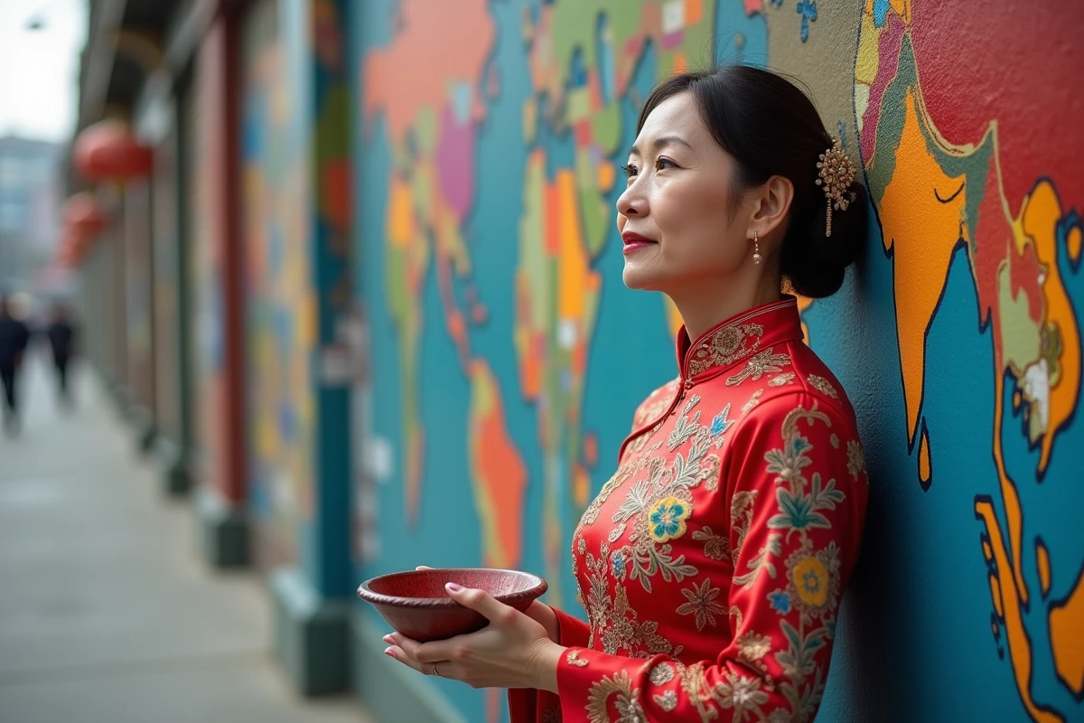 Femme en tenue traditionnelle asiatique devant une fresque murale représentant la diversité des cultures du monde