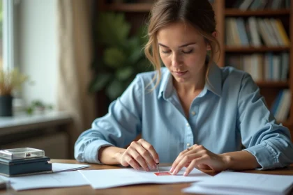 Femme collant un timbre sur une enveloppe avec une balance postale sur un bureau en bois à la maison
