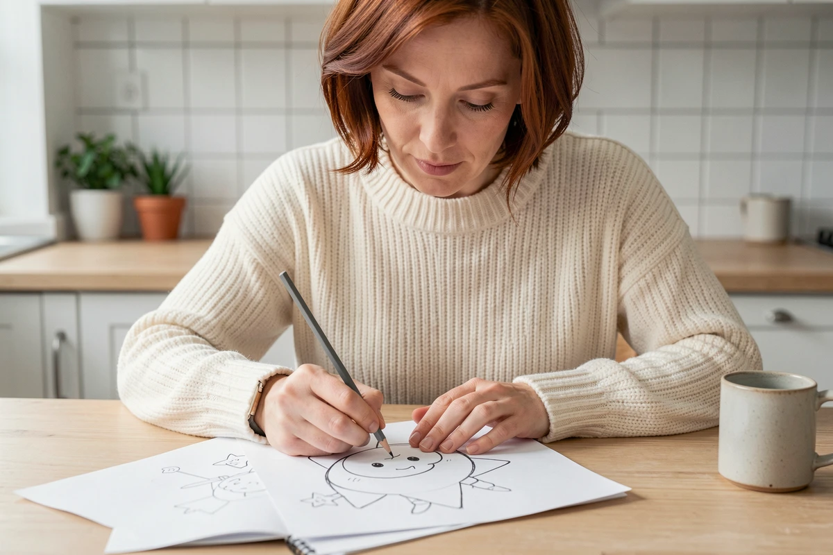 Femme adulte suivant une fiche tutoriel pour apprendre à dessiner Stella étape par étape dans une cuisine lumineuse