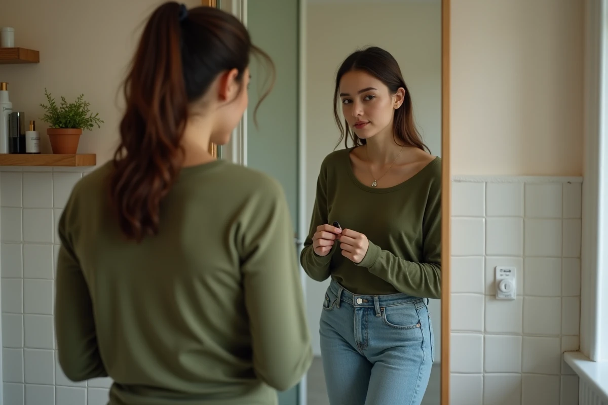 Jeune femme examinant ses vêtements de la veille devant un miroir de salle de bain, top vert olive et jean clair portés deux jours de suite