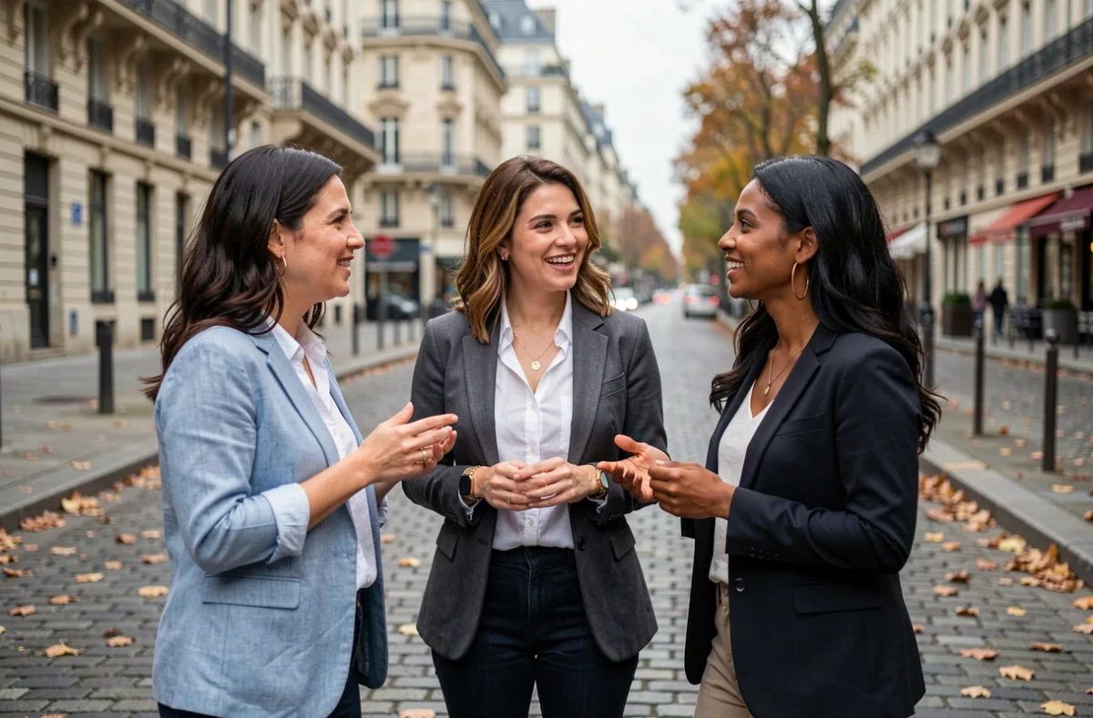 Groupe de femmes aux origines méditerranéennes et maghrébines en conversation sur un boulevard parisien, symbolisant la diversité culturelle française