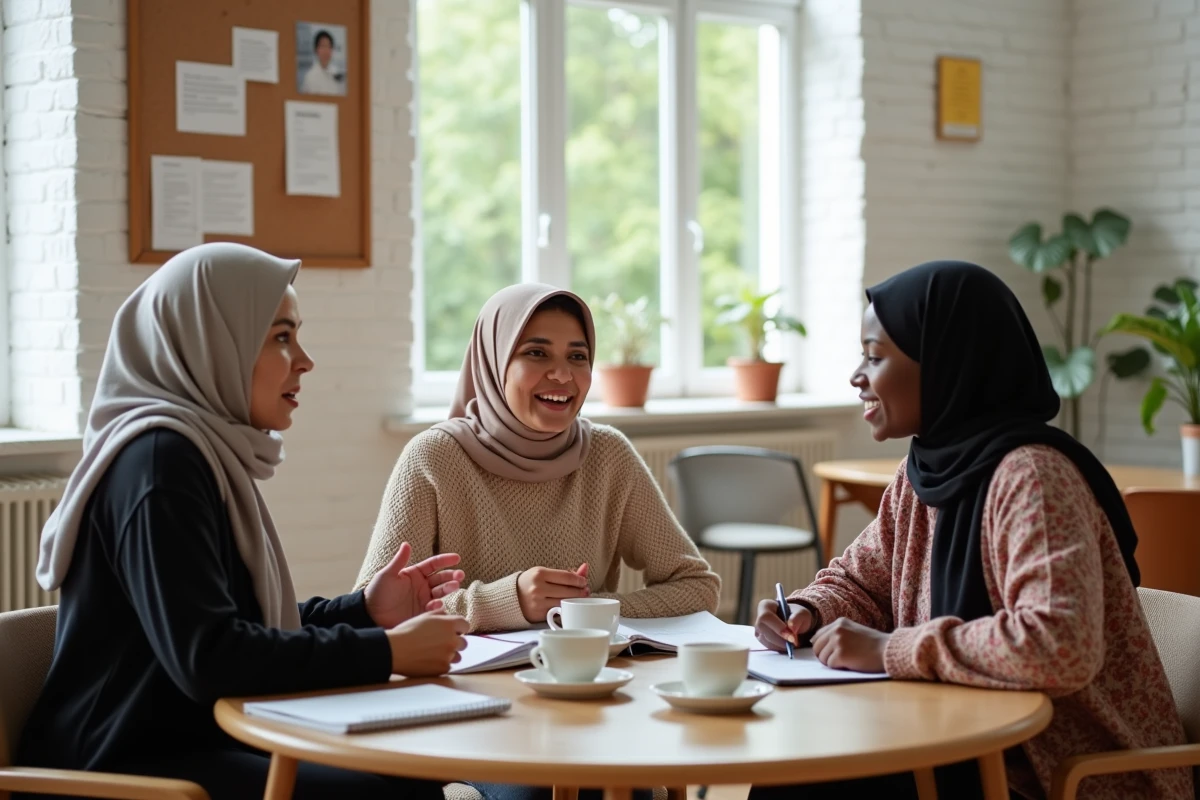 Trois femmes de cultures différentes discutant ensemble dans un centre communautaire, représentant la diversité culturelle et le dialogue interculturel