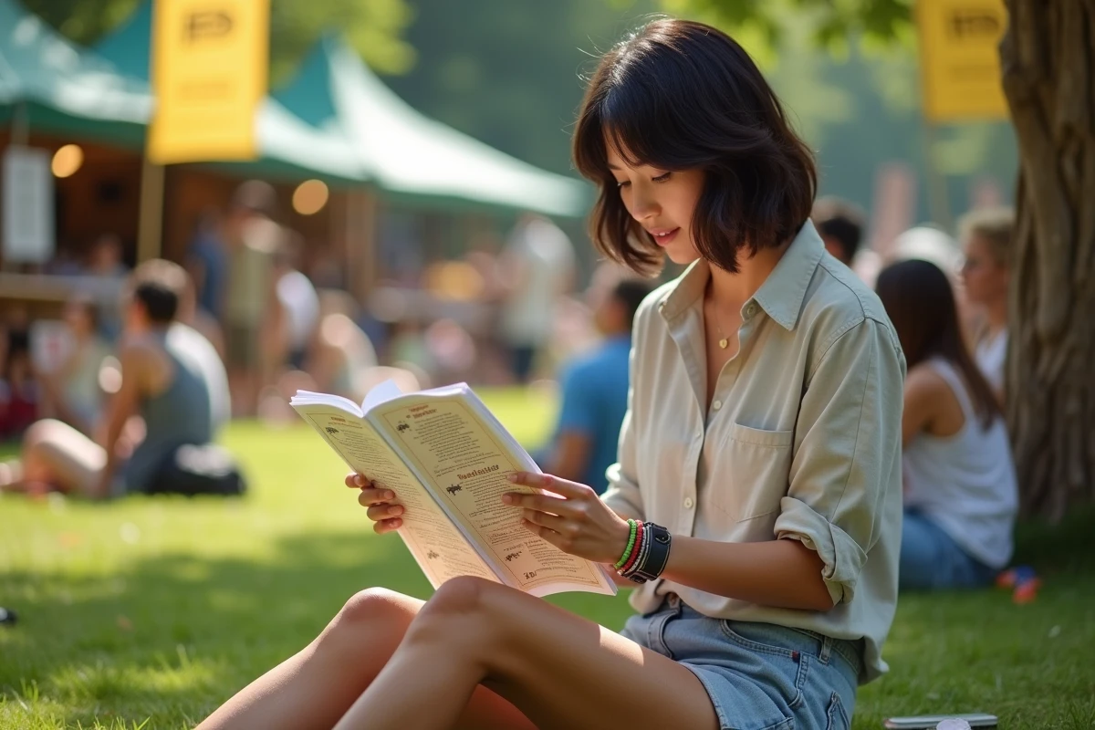 Festivalière consultant le programme des Vieilles Charrues 2026 assise dans l'herbe