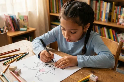 Jeune fille dessinant le personnage Stella étape par étape sur une fiche imprimée posée sur un bureau en bois avec des crayons