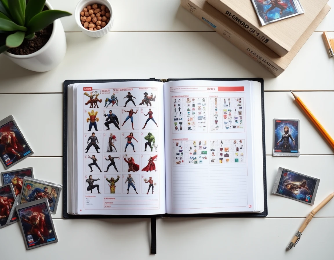Flat lay de l'album Marvel Leclerc 2026 ouvert avec des pochettes de stickers et cartes holographiques