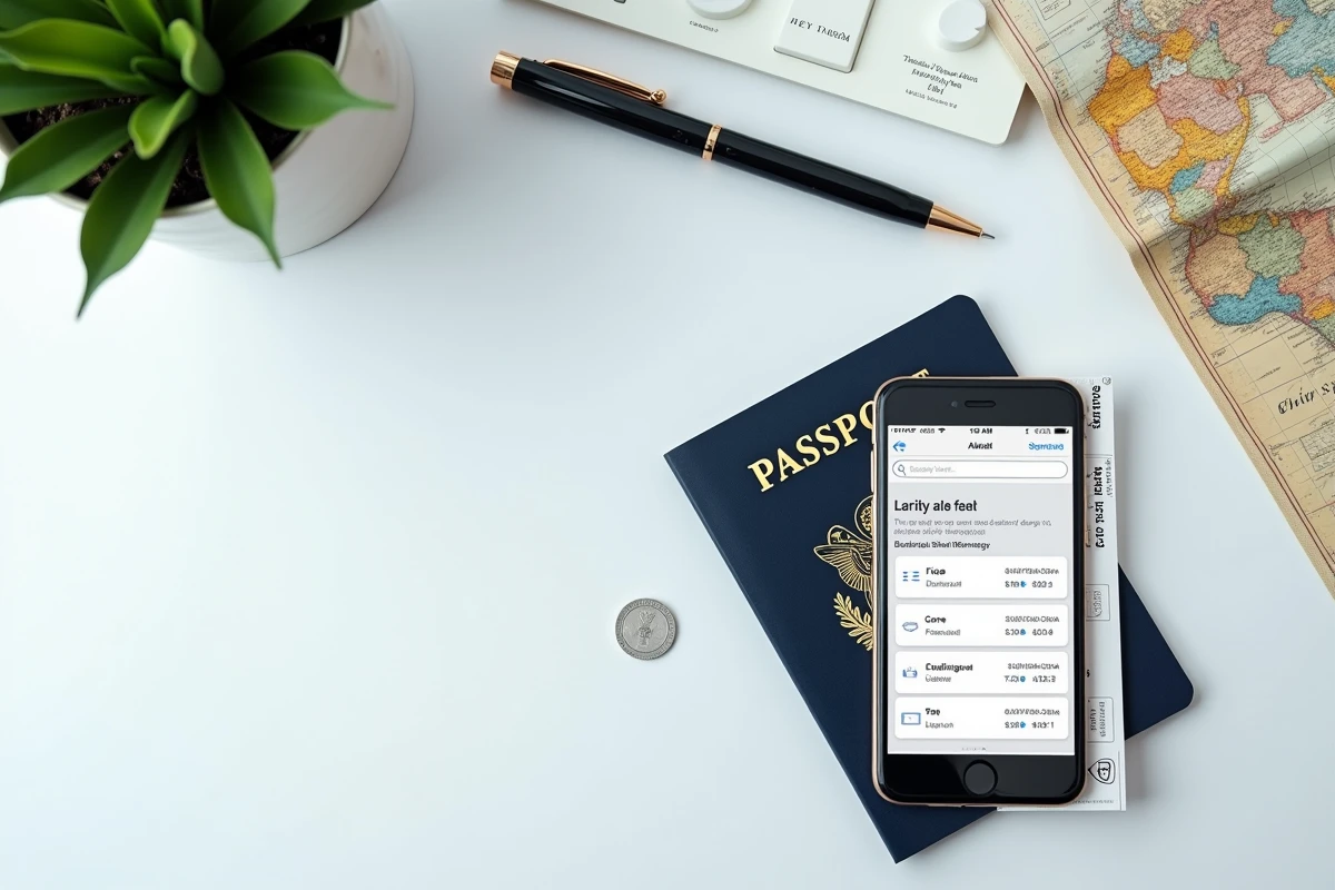 Flat lay d'un passeport, d'un billet d'avion imprimé et d'un téléphone affichant des tarifs aériens réduits