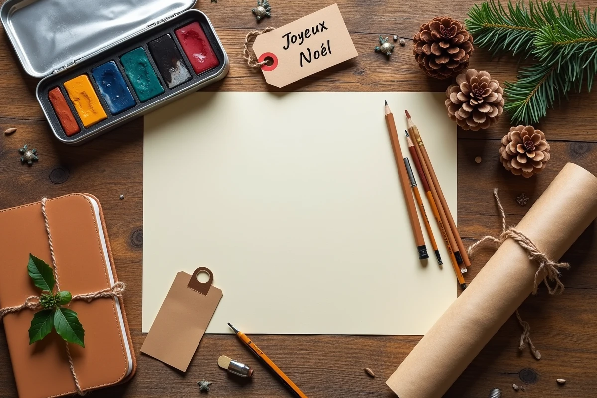 Vue de dessus de cadeaux de Noël pour enfant dessinateur : aquarelles, crayons graphite et carnet de croquis en cuir