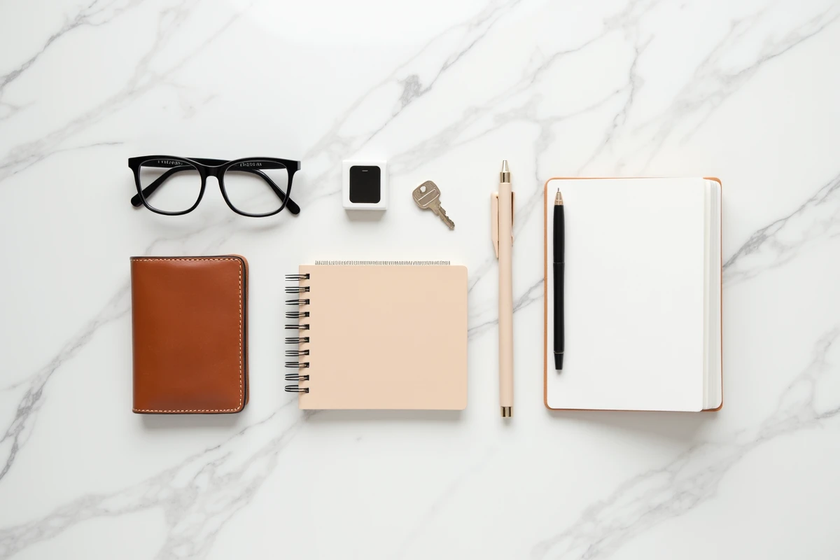 Flat lay minimaliste d'objets essentiels du quotidien sur marbre blanc, illustrant le concept de minimalisme et de possession intentionnelle