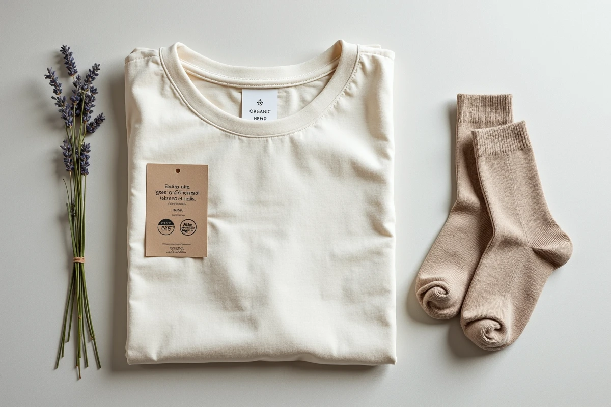 Mise à plat de vêtements durables certifiés en fibres naturelles avec labels GOTS et OEKO-TEX sur fond en coton recyclé