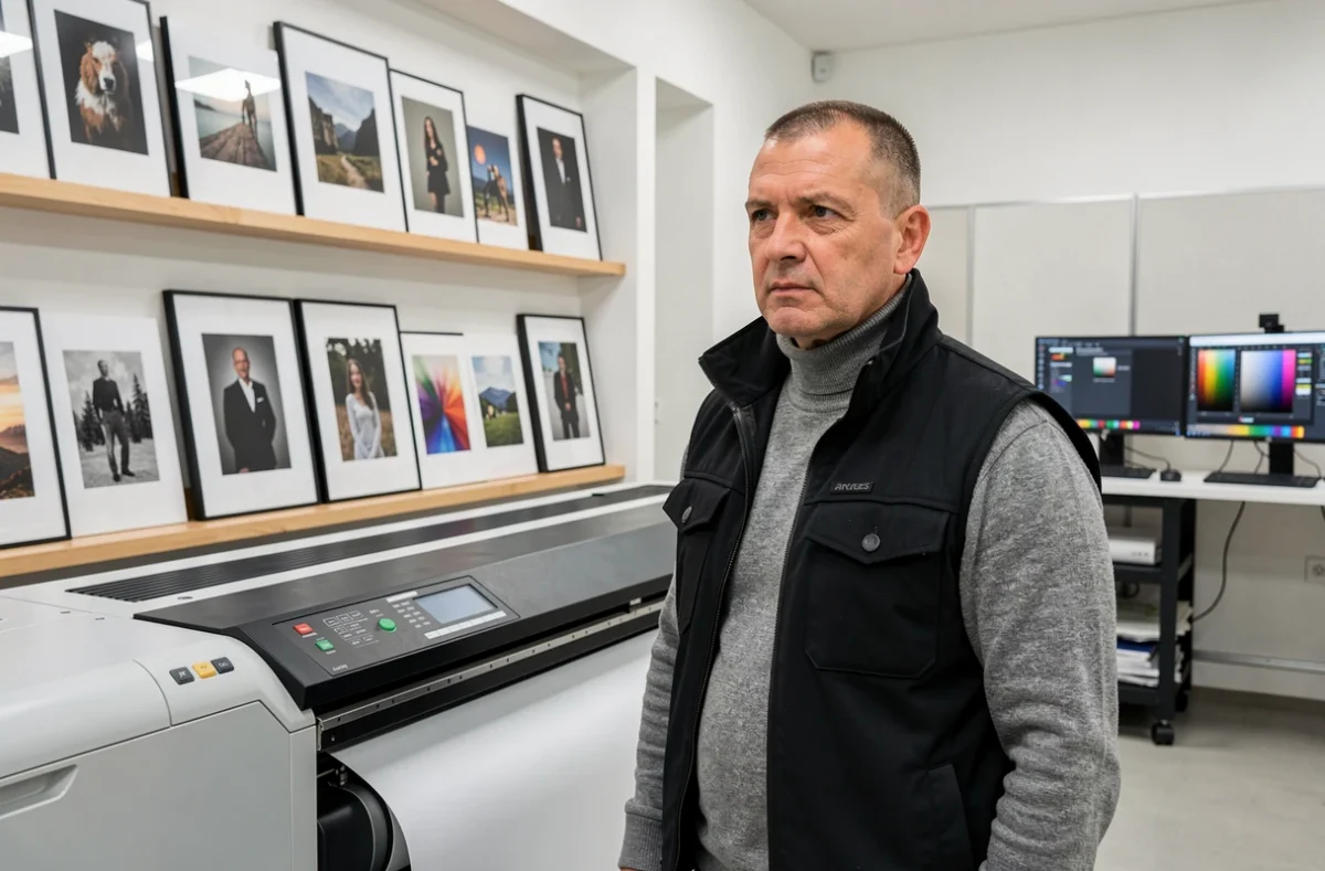 Xavier Benony de Focale dans son studio photo à Angers, aux côtés d'une imprimante grand format avec des tirages d'art exposés sur les murs