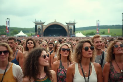 Foule de festivaliers au festival des Vieilles Charrues profitant d'une journée ensoleillée devant la grande scène