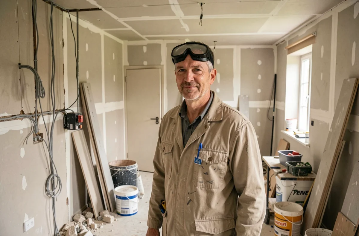 Électricien FTM Reno 22 travaillant sur le câblage électrique dans une maison en cours de rénovation dans les Côtes-d'Armor